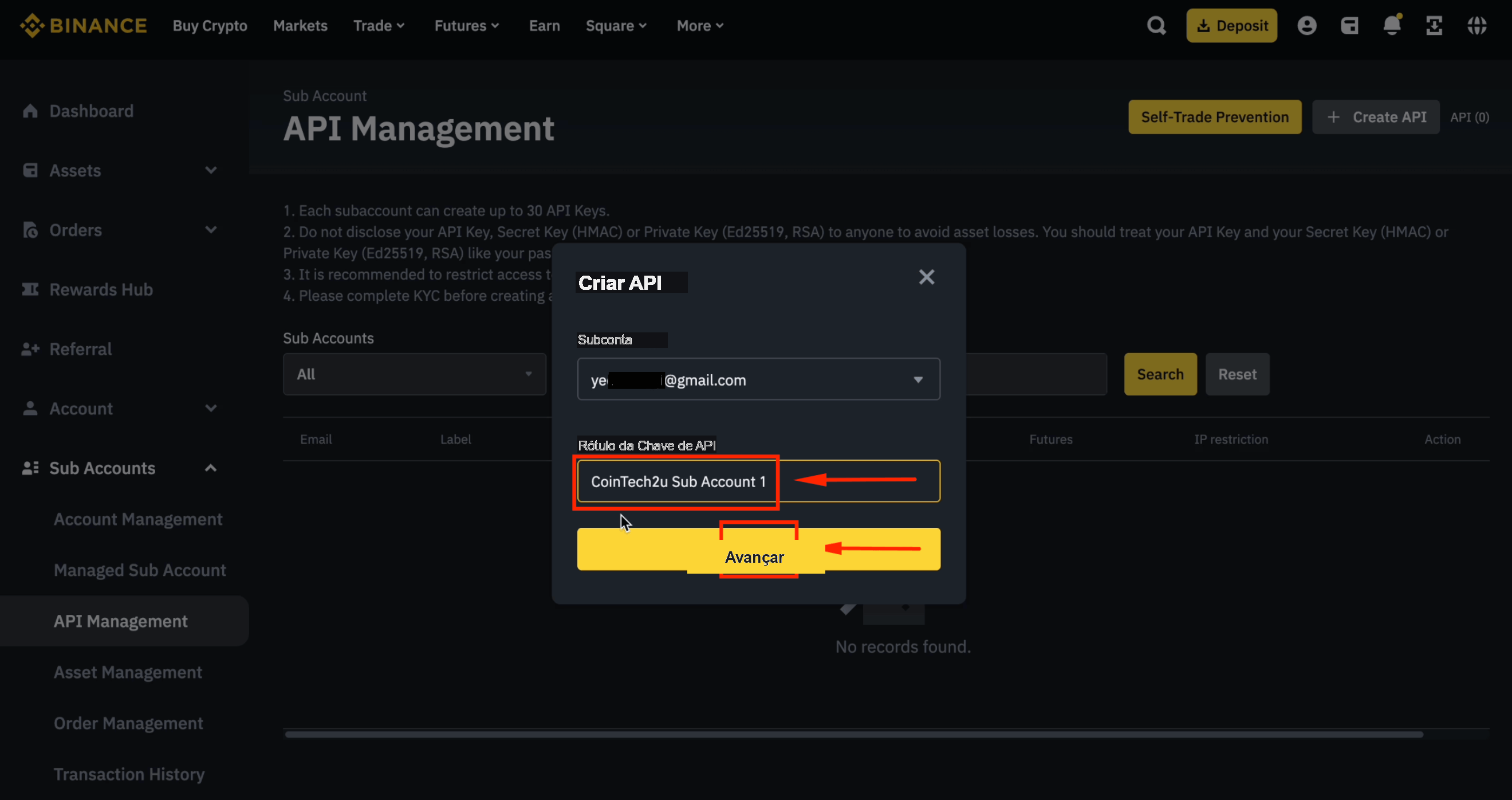 Nomear a chave de API da subconta CoinTech2u