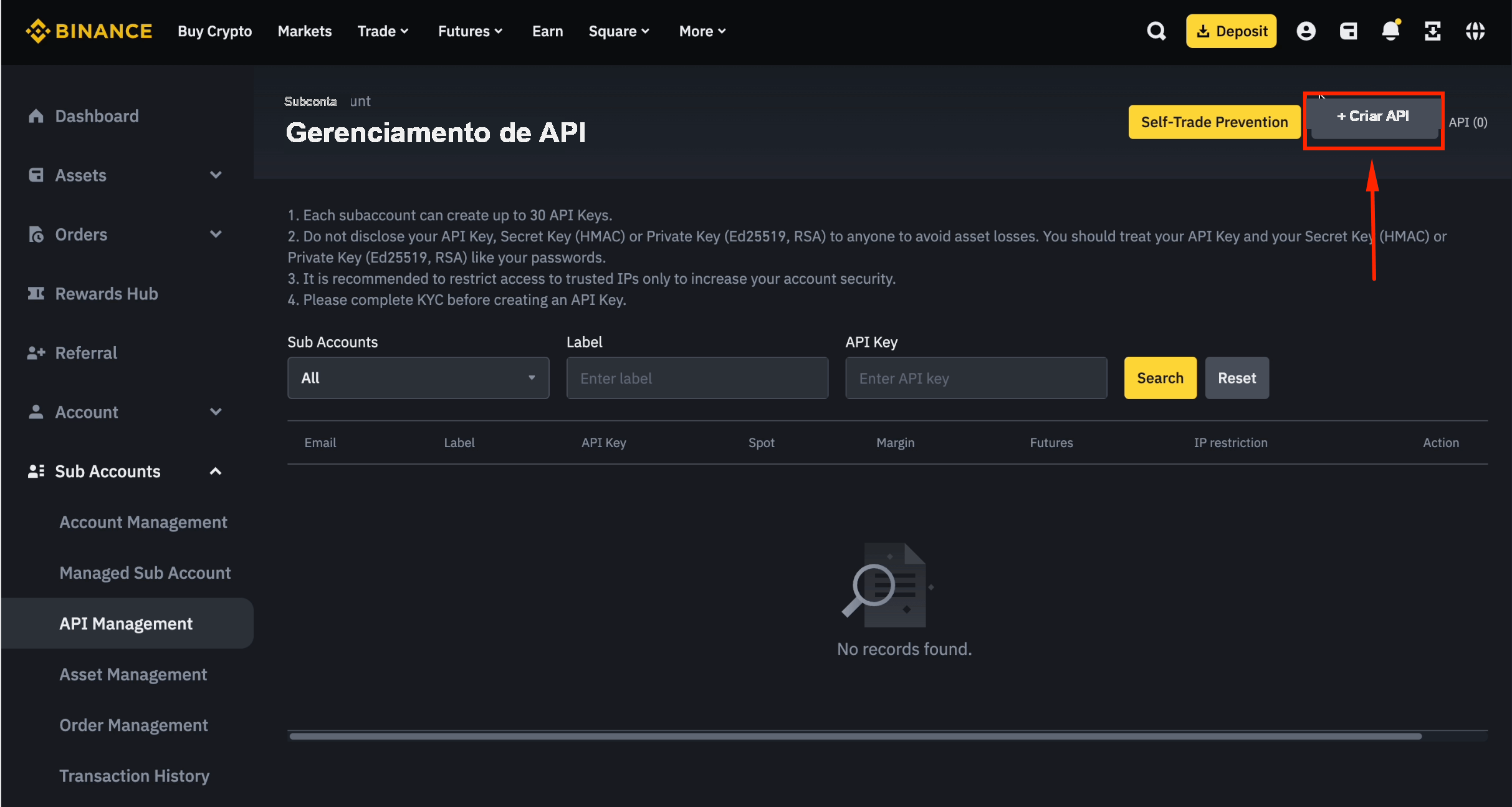 Criar chave de API para a subconta