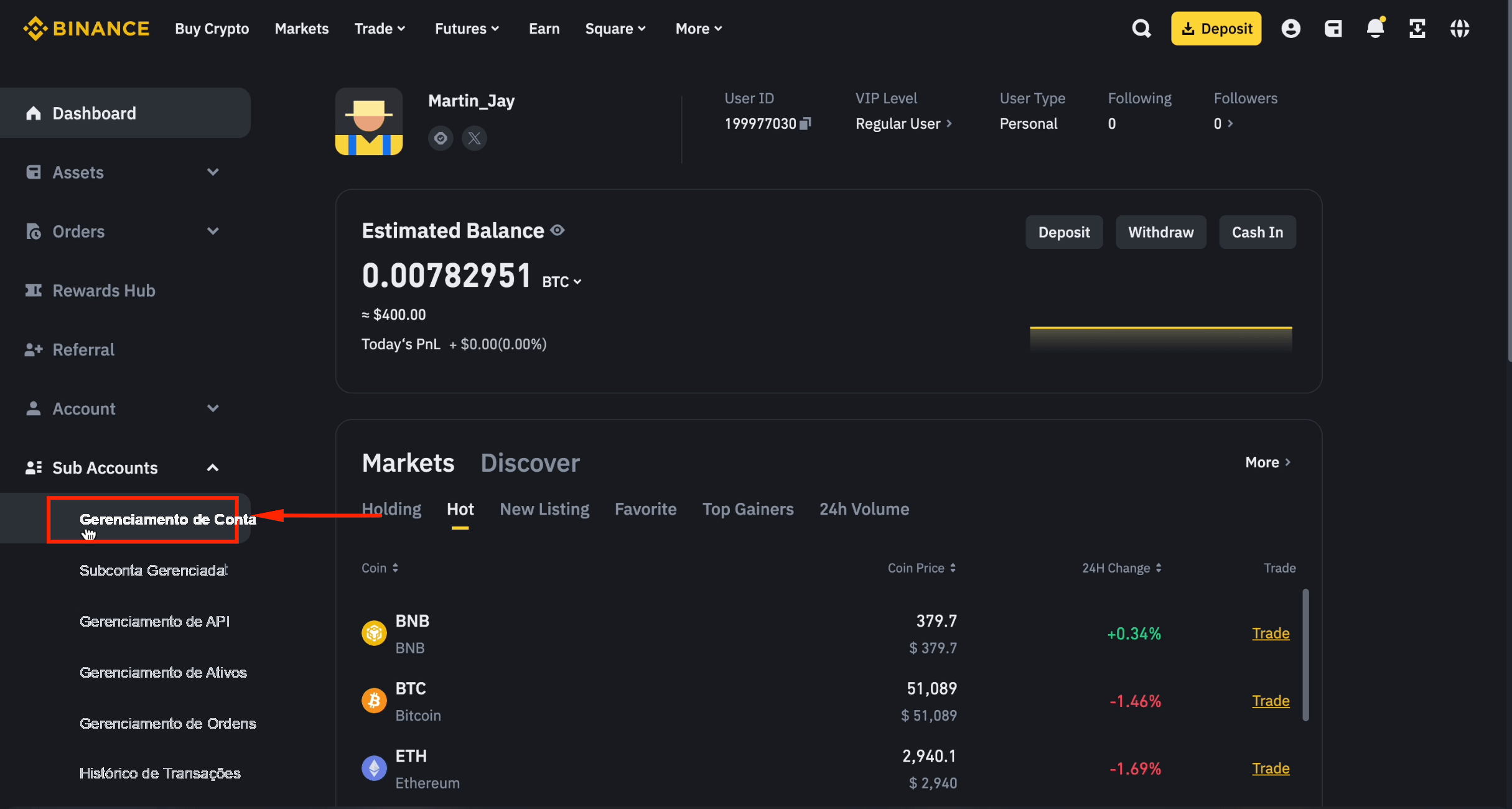 Gerenciamento de subcontas da Binance