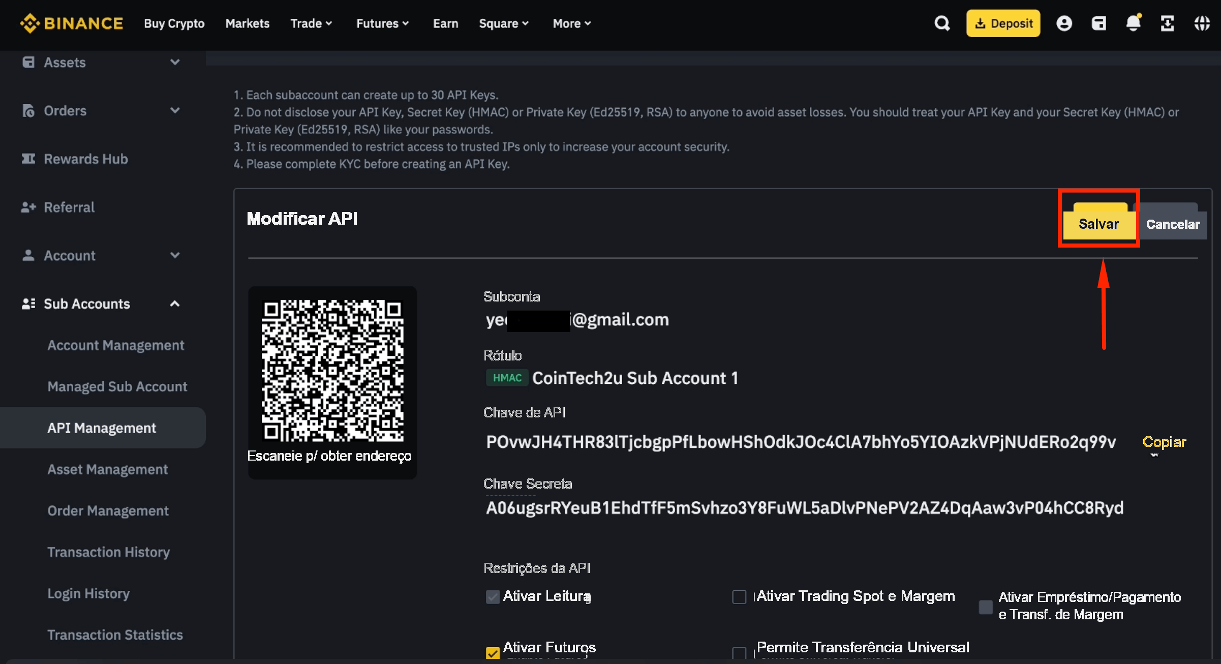 Salvar as configurações da API da subconta