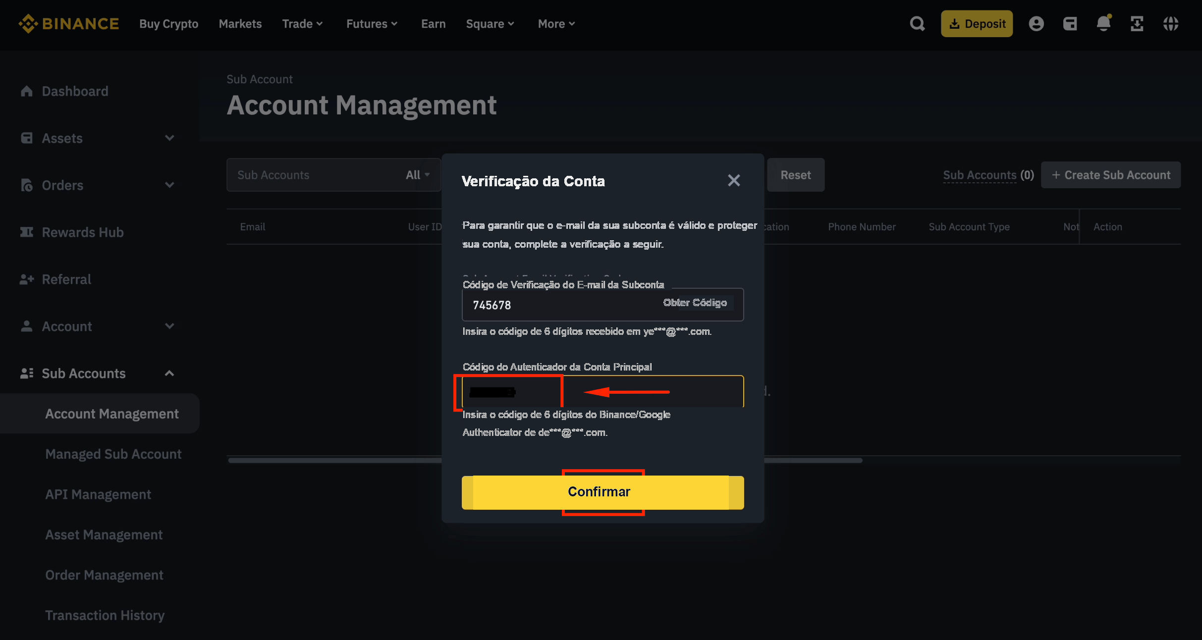 Verificação com Google Authenticator para a subconta