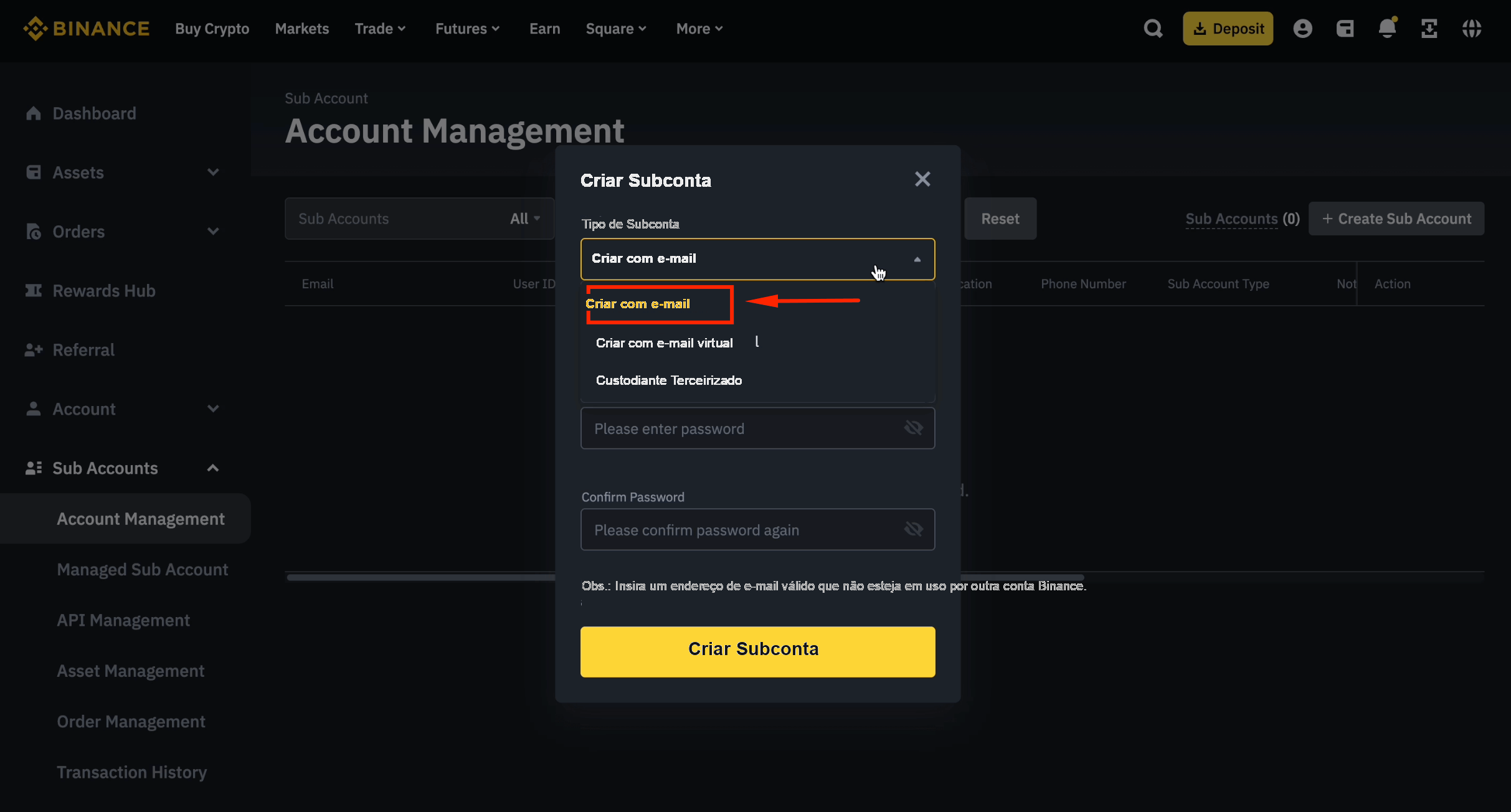 Criar subconta Binance com e-mail