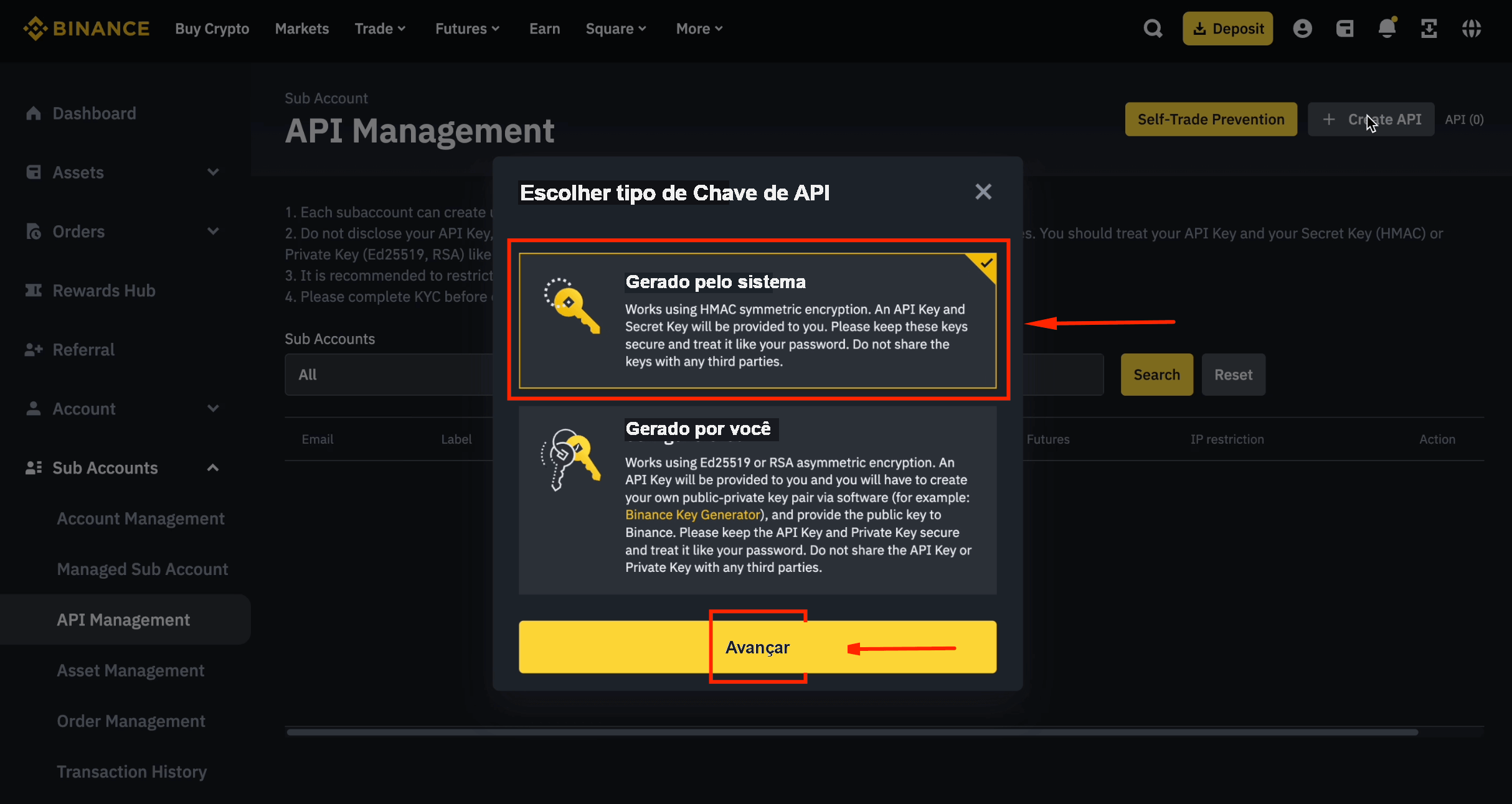 API gerada pelo sistema para a subconta