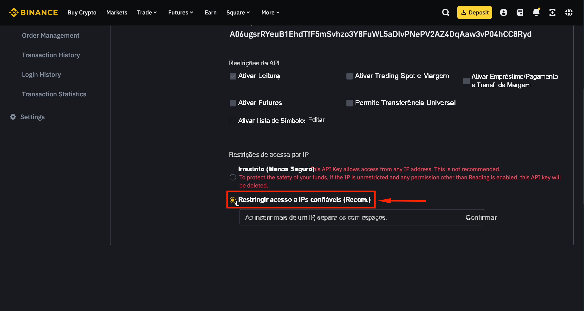 Restringir a API da subconta a IPs confiáveis
