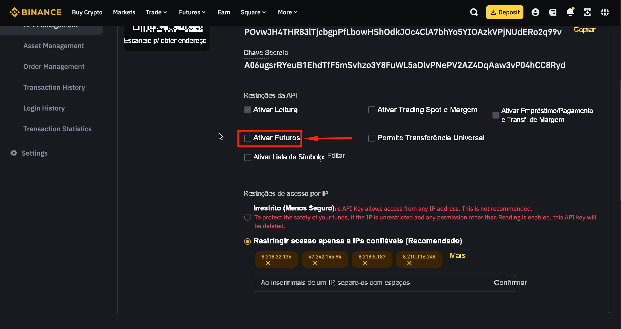 Habilitar futuros para a API da subconta