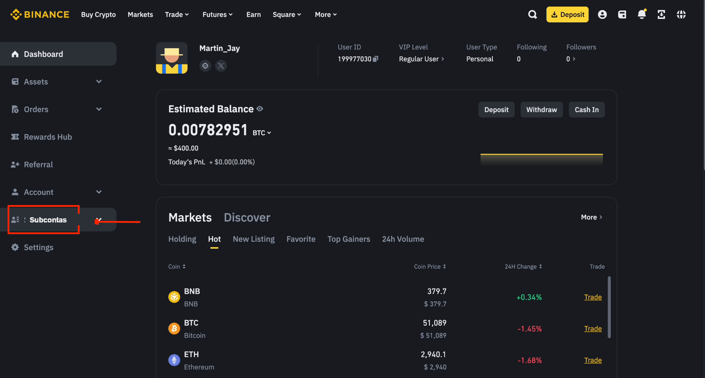 Menu de subcontas da Binance
