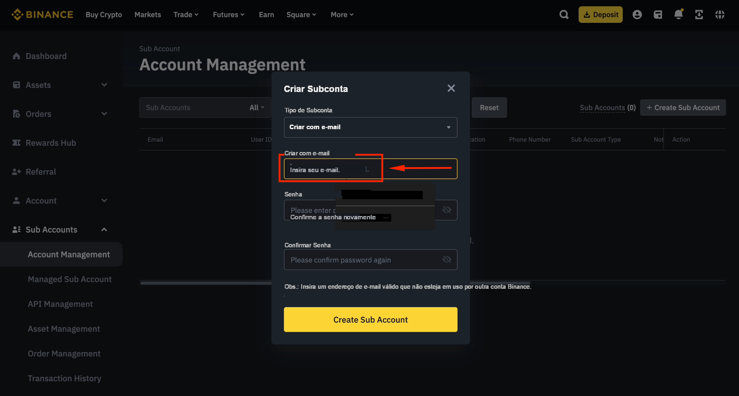 Informar novo e-mail para a subconta Binance
