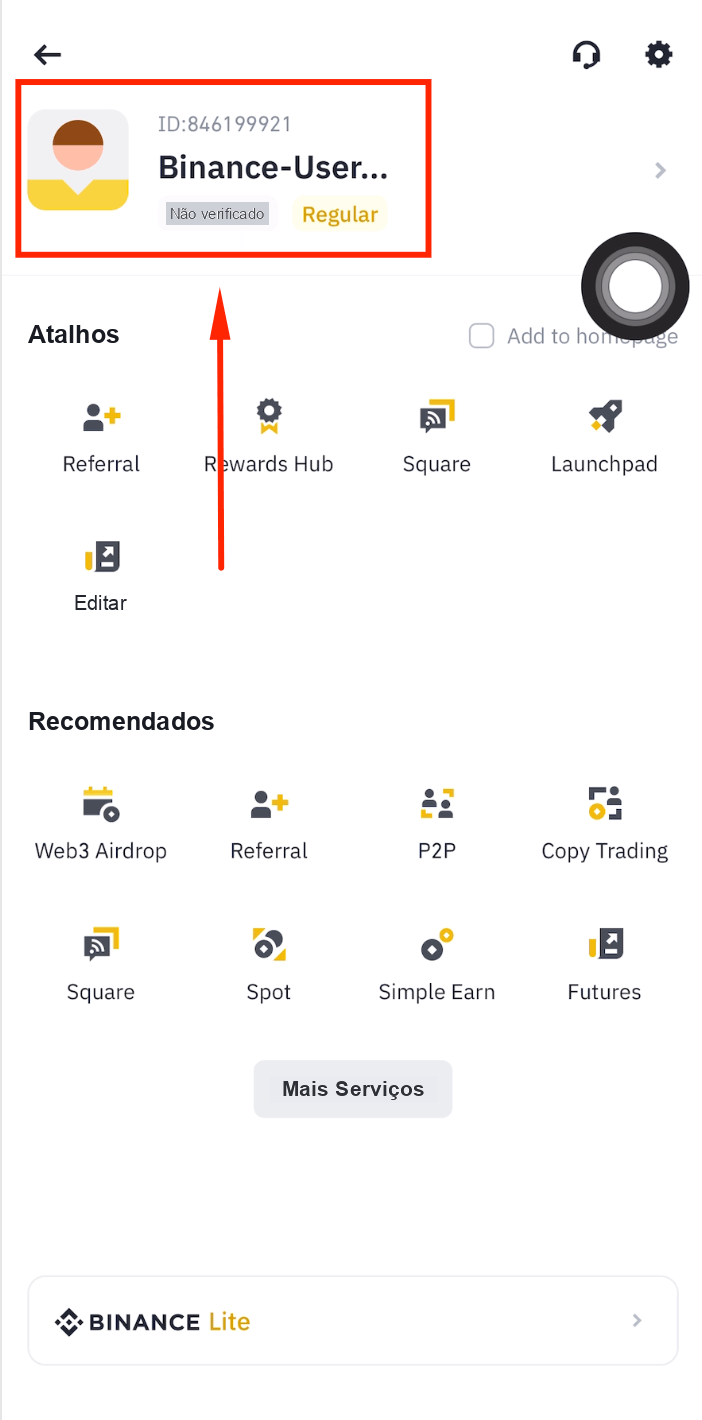 Login na subconta Binance realizado com sucesso