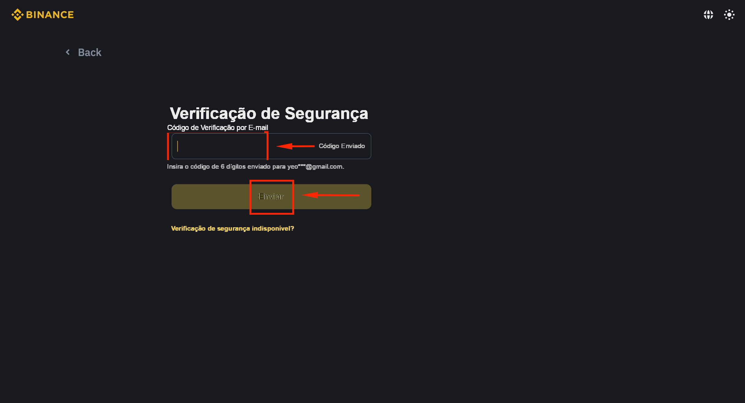 Código de verificação por e-mail para login na Binance