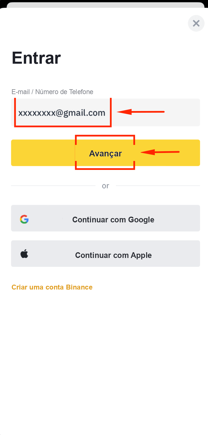 Informar o e-mail da subconta no App Binance