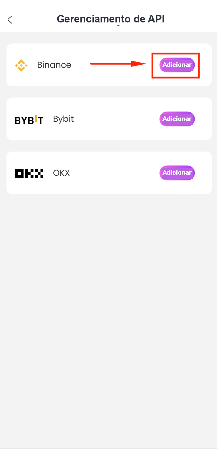 Selecionar Binance no CoinTech2u para a subconta