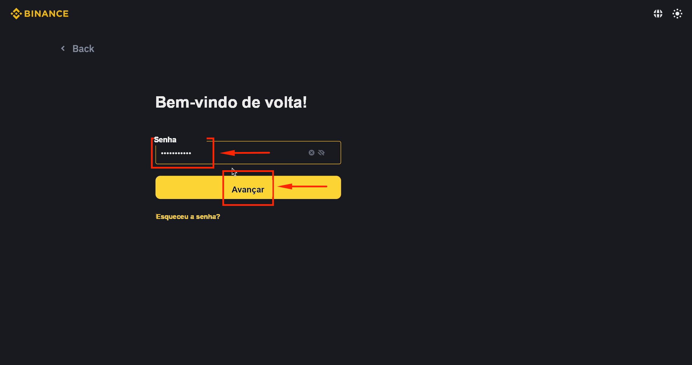 Informar a senha da conta principal