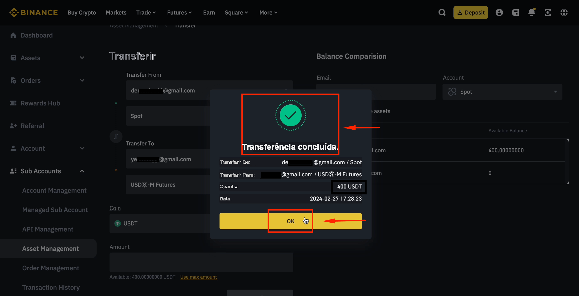 Transferência de fundos para a subconta concluída