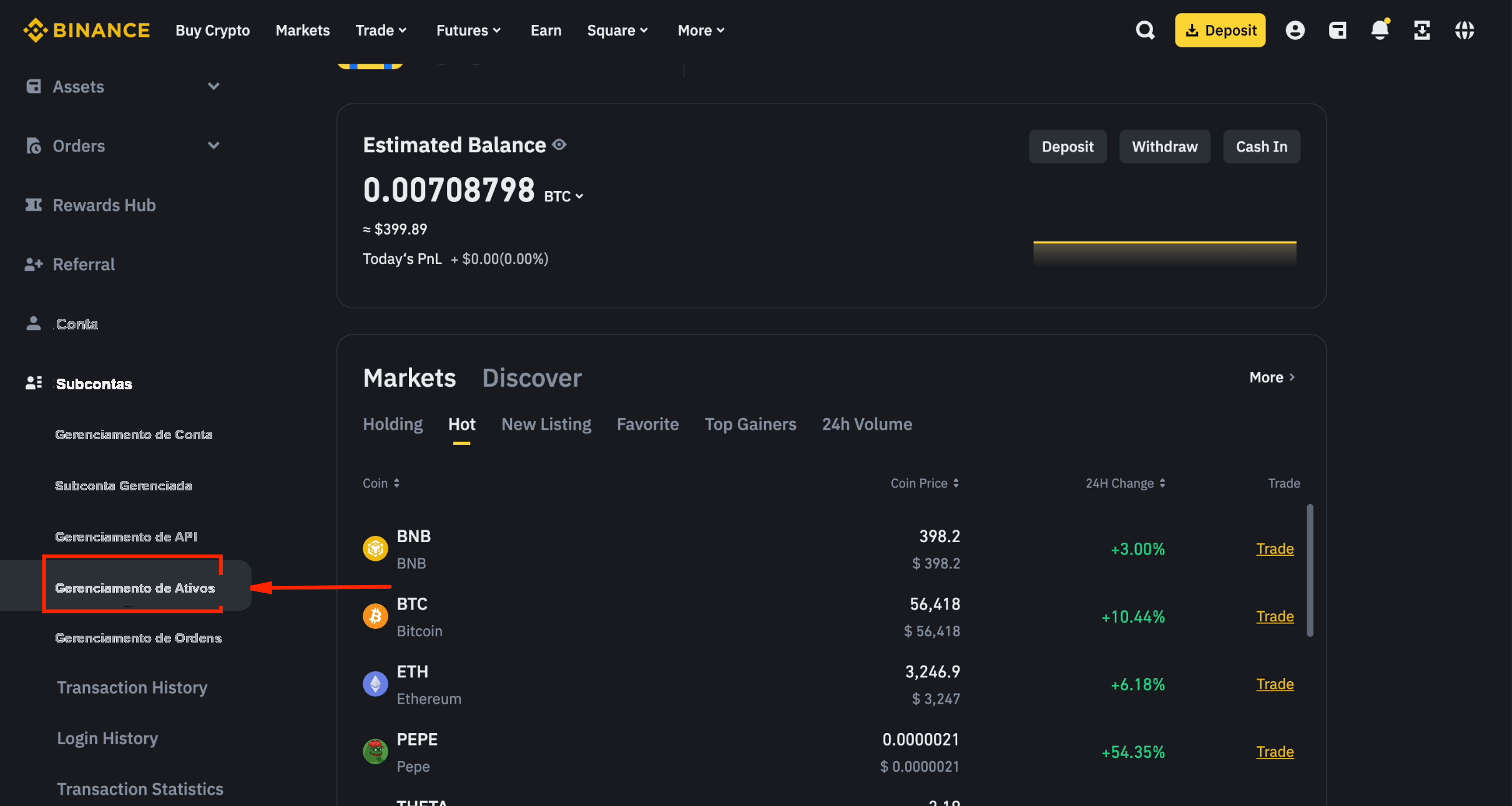 Gerenciamento de ativos da subconta Binance