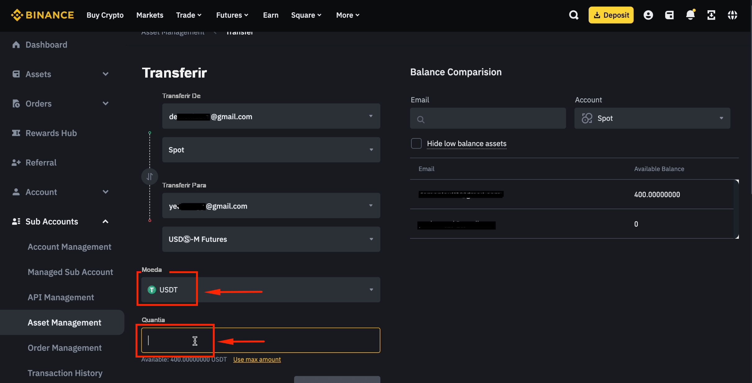 Informar o valor em USDT a transferir