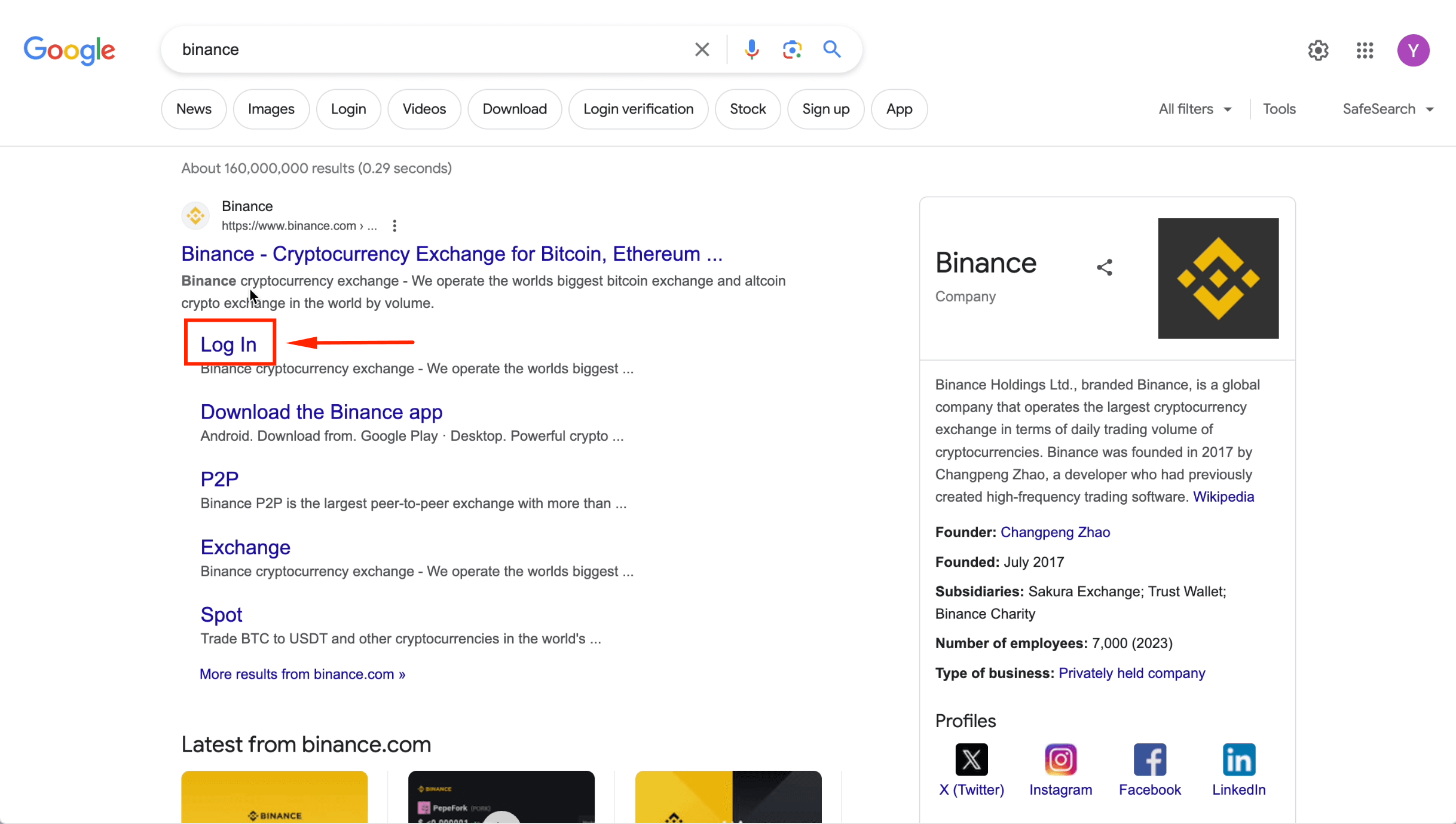 Fazer login na conta principal Binance para a transferência