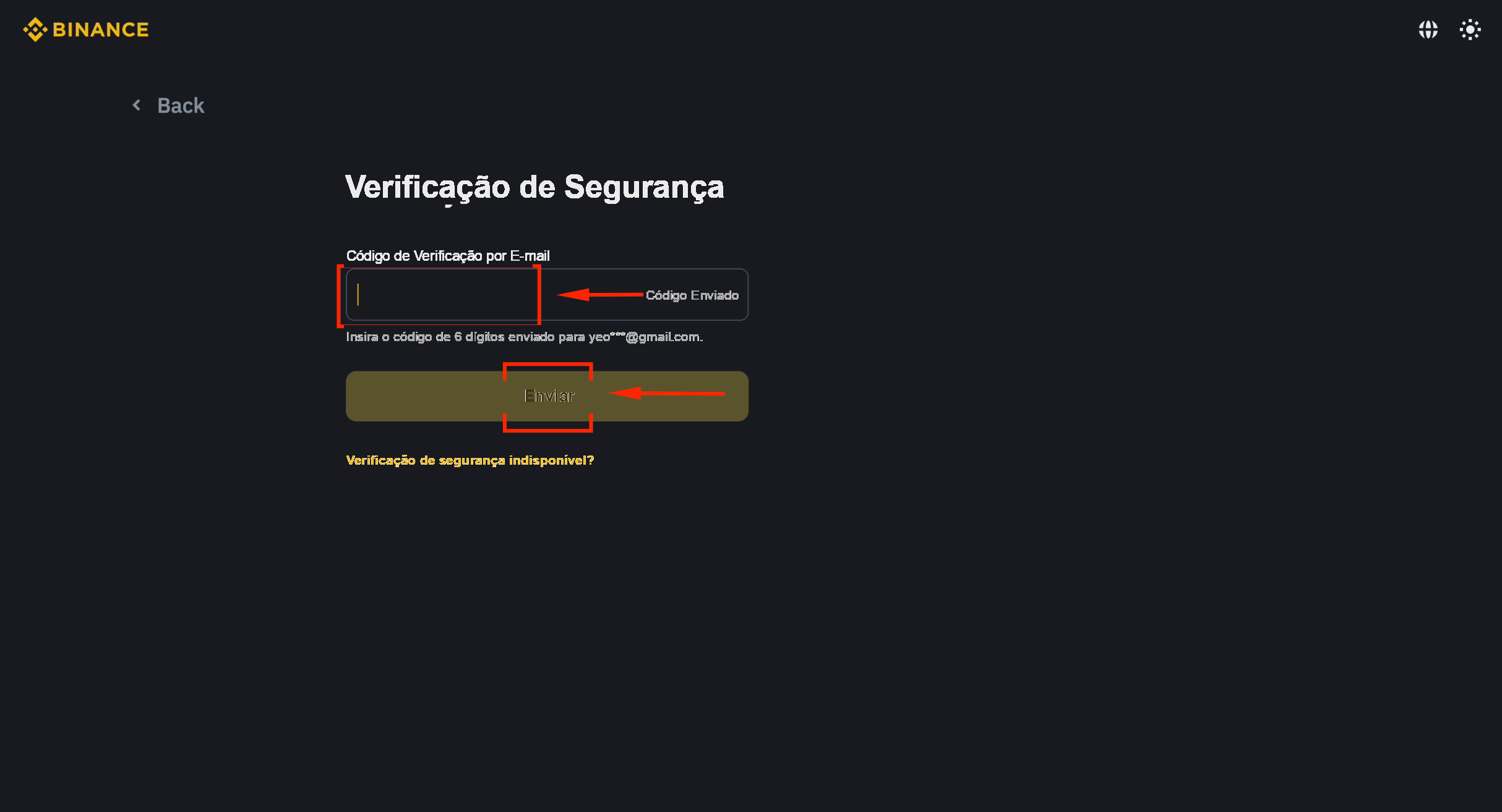 Enviar o código de verificação por e-mail