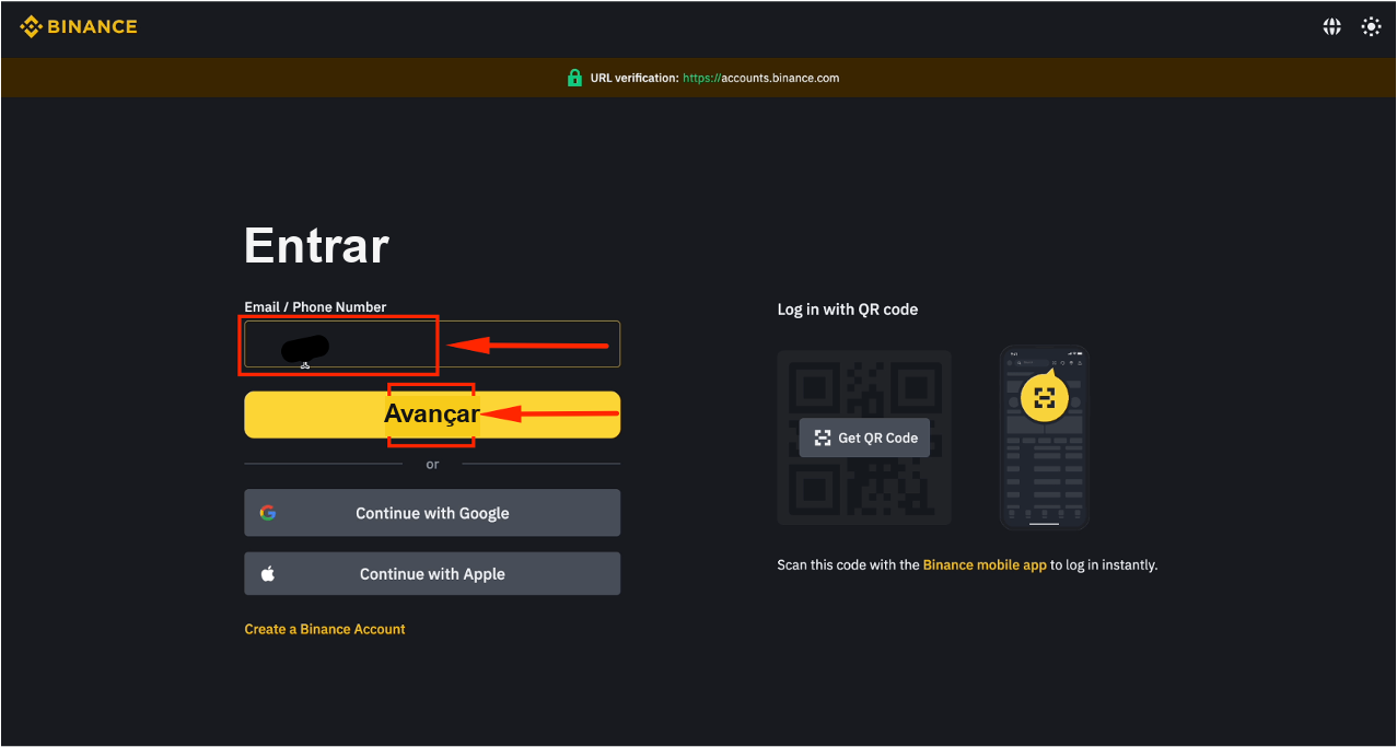 Informar e-mail para fazer login na Binance