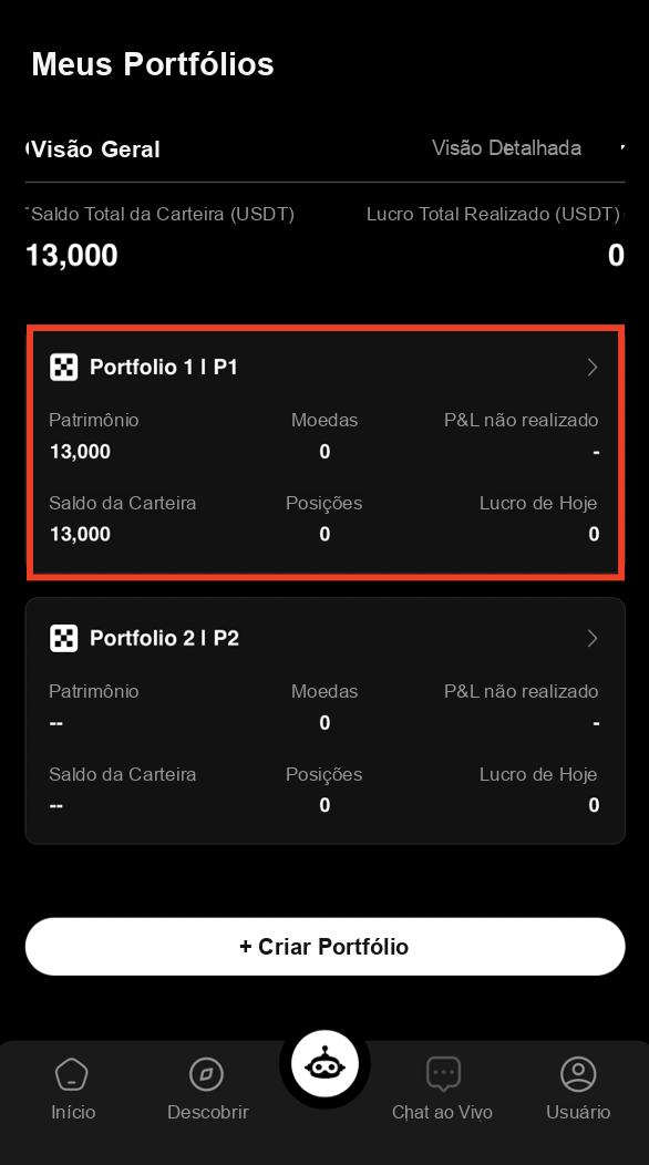 Selecionar o portfólio de operações na CoinTech2u