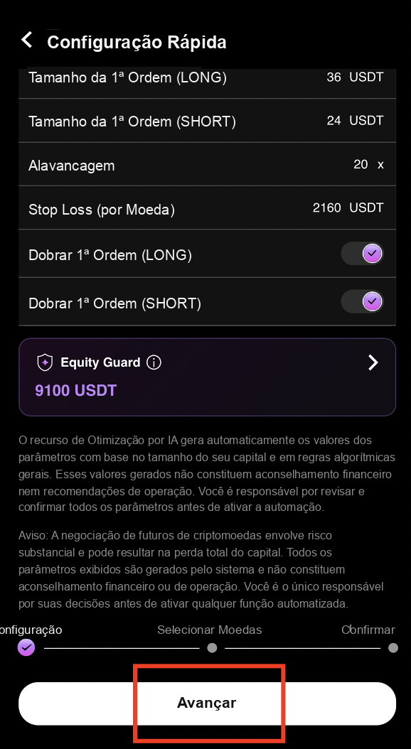 Tocar em Avançar após definir o Equity Guard