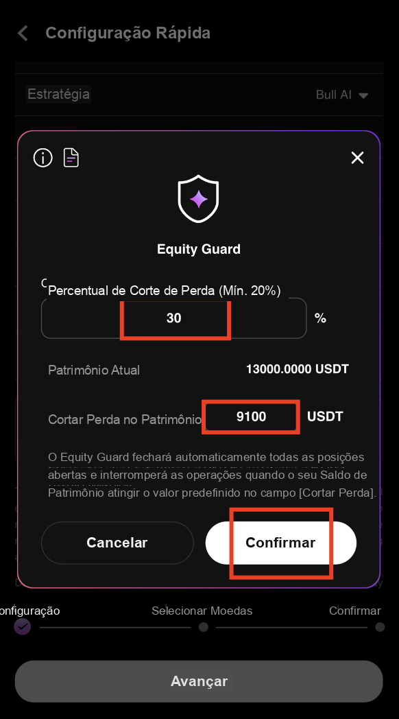 Exemplo de configuração do Equity Guard - corte de perda de 30% sobre 13000 USDT