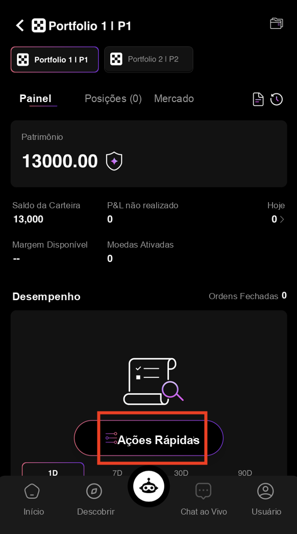 Tocar em Ações Rápidas na CoinTech2u