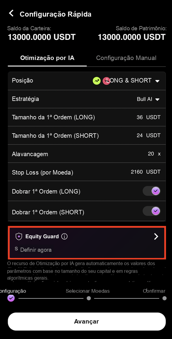 Abrir as configurações do Equity Guard na CoinTech2u